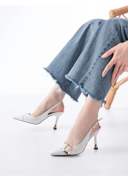 İNF-1151 Beyaz Günlük Arkası Açık Topuklu Bayan Ayakkabı