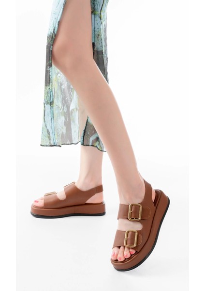 1187 Taba Dolgu Topuk Lastik Baretli Kadın Sandalet