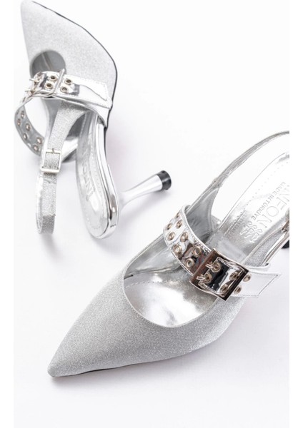 İNF-260 Gümüş Simli Günlük Arkası Açık Baret Tokalı Topuklu Bayan Ayakkabı fırsatları