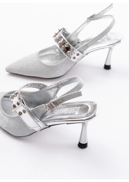 İNF-260 Gümüş Simli Günlük Arkası Açık Baret Tokalı Topuklu Bayan Ayakkabı indirimleri