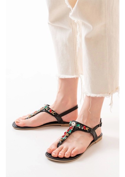 152-1110 Siyah Multi Taşlı Parmak Arası Kadın Sandalet fiyatları