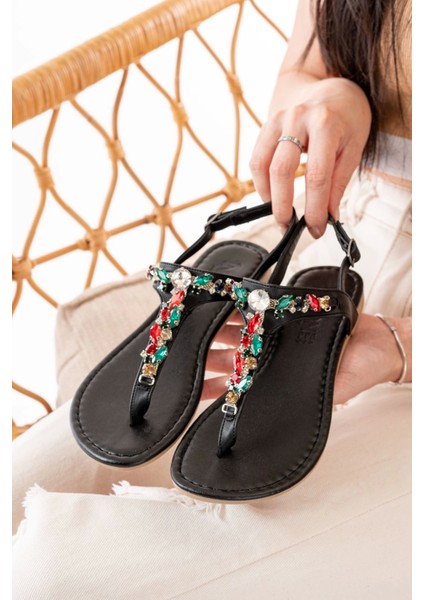 152-1110 Siyah Multi Taşlı Parmak Arası Kadın Sandalet modelleri