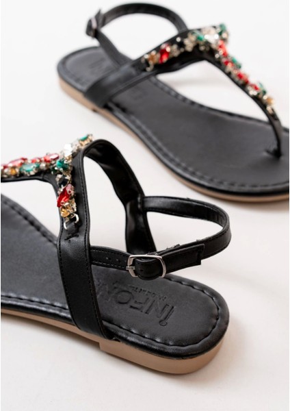 152-1110 Siyah Multi Taşlı Parmak Arası Kadın Sandalet fırsatları