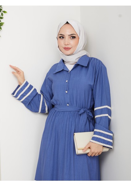 Kadın Çilek Kumaş Şerit Detaylı Kuşaklı Mavi Elbise modelleri