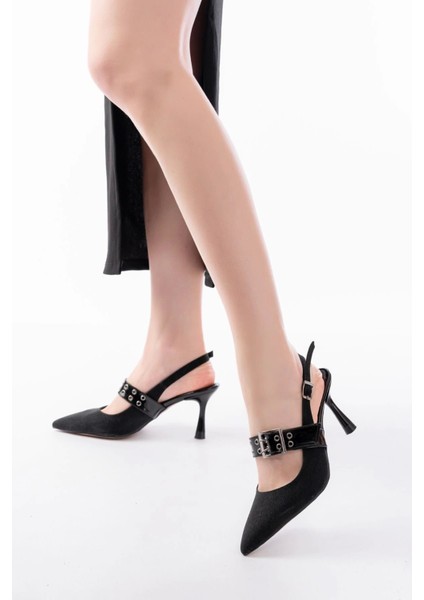 İNF-260 Siyah Simli Günlük Arkası Açık Baret Tokalı Topuklu Bayan Ayakkabı fiyatları