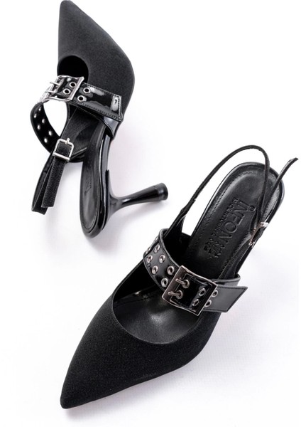 İNF-260 Siyah Simli Günlük Arkası Açık Baret Tokalı Topuklu Bayan Ayakkabı modelleri