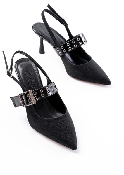 İNF-260 Siyah Simli Günlük Arkası Açık Baret Tokalı Topuklu Bayan Ayakkabı indirimleri