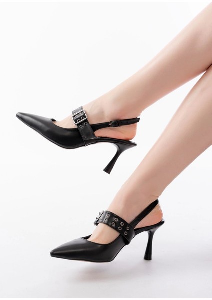 İNF-260 Siyah Günlük Arkası Açık Baret Tokalı Topuklu Bayan Ayakkabı