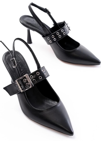 İNF-260 Siyah Günlük Arkası Açık Baret Tokalı Topuklu Bayan Ayakkabı modelleri