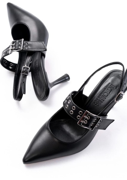 İNF-260 Siyah Günlük Arkası Açık Baret Tokalı Topuklu Bayan Ayakkabı fırsatları