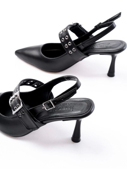 İNF-260 Siyah Günlük Arkası Açık Baret Tokalı Topuklu Bayan Ayakkabı indirimleri