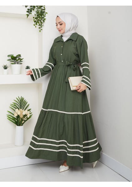 Kadın Çilek Kumaş Şerit Detaylı Kuşaklı Haki Elbise