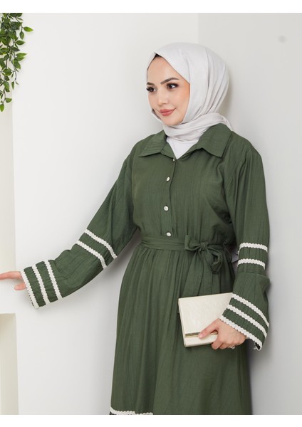 Kadın Çilek Kumaş Şerit Detaylı Kuşaklı Haki Elbise fiyatları