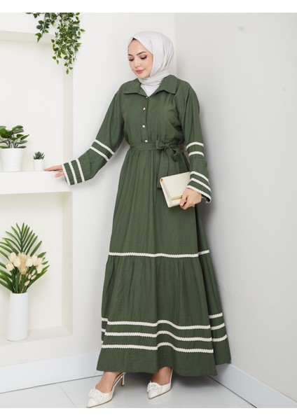 Kadın Çilek Kumaş Şerit Detaylı Kuşaklı Haki Elbise modelleri