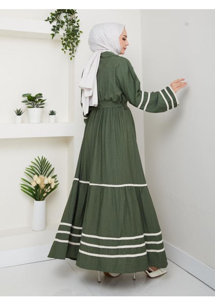 Kadın Çilek Kumaş Şerit Detaylı Kuşaklı Haki Elbise indirimleri