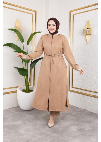 Kadın Ribanalı Fermuarlı Bej Keten Ikili Takım