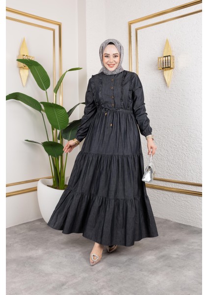 Kadın Düğme Detaylı Fırfırlı Kot Elbise