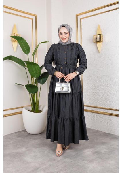 Kadın Düğme Detaylı Fırfırlı Kot Elbise fiyatları