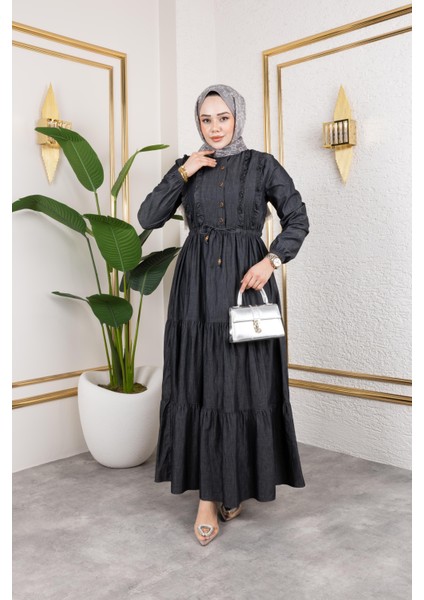 Kadın Düğme Detaylı Fırfırlı Kot Elbise modelleri