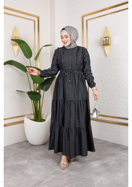 Kadın Düğme Detaylı Fırfırlı Kot Elbise fırsatları