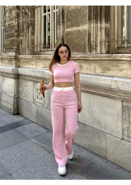 Crop Pantolon Biyeli Takım Pembe