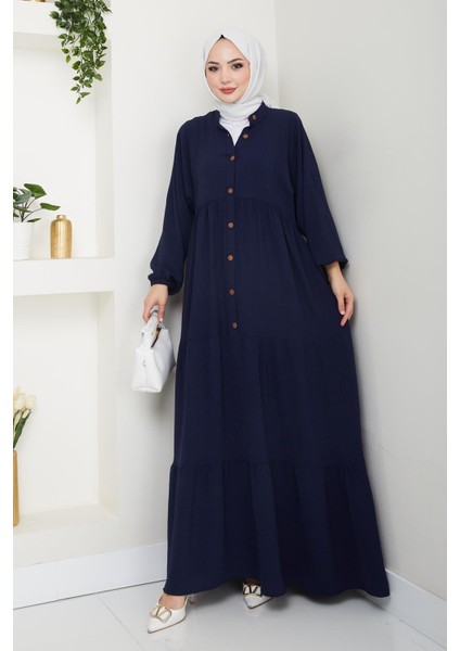 Kadın Düğmeli Lacivert Ayrobin Elbise