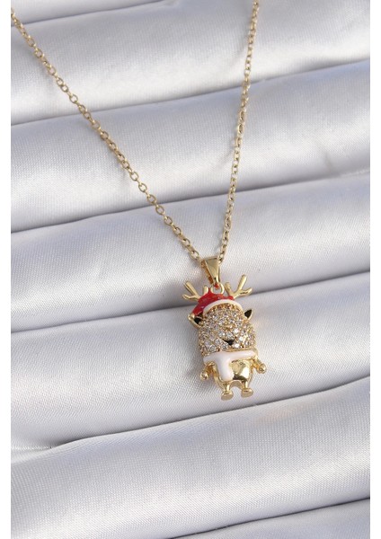 316L Çelik Gold Renk Zirkon Taşlı Yılbaşı Temalı Ren Geyiği Figür Kadın Kolye