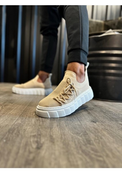 J1025 Bağcıklı Lastikli Ortopedik Taban Erkek Günlük Triko Sneaker Spor Ayakkabı Bt Vizon