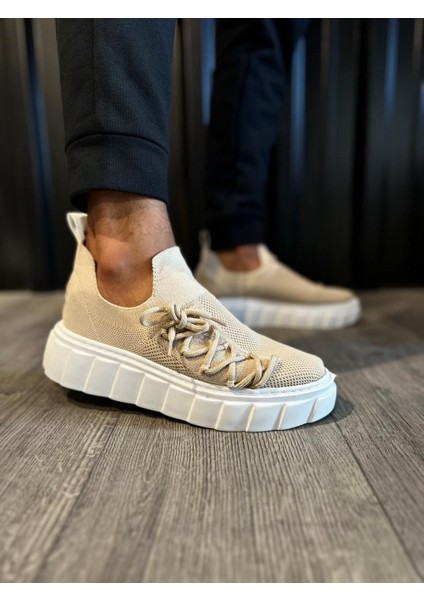 J1025 Bağcıklı Lastikli Ortopedik Taban Erkek Günlük Triko Sneaker Spor Ayakkabı Bt Vizon fırsatları
