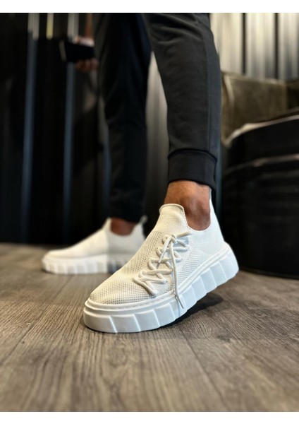 J1025 Bağcıklı Lastikli Ortopedik Taban Erkek Günlük Triko Sneaker Spor Ayakkabı Bt Beyaz