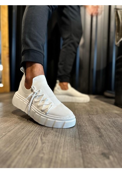J1025 Bağcıklı Lastikli Ortopedik Taban Erkek Günlük Triko Sneaker Spor Ayakkabı Bt Beyaz modelleri