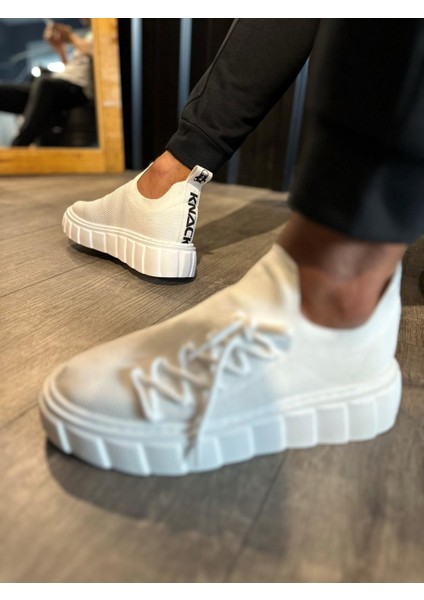J1025 Bağcıklı Lastikli Ortopedik Taban Erkek Günlük Triko Sneaker Spor Ayakkabı Bt Beyaz fırsatları