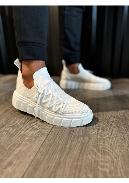 J1025 Bağcıklı Lastikli Ortopedik Taban Erkek Günlük Triko Sneaker Spor Ayakkabı Bt Beyaz indirimleri