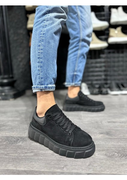 J144 Bağcıklı Ortopedik Taban Erkek Günlük Süet Sneaker Spor Ayakkabı St Siyah