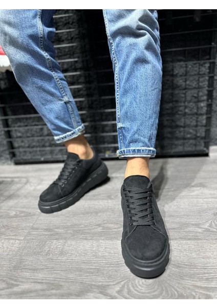 J144 Bağcıklı Ortopedik Taban Erkek Günlük Süet Sneaker Spor Ayakkabı St Siyah fırsatları