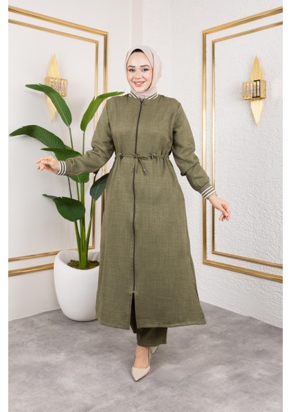 Kadın Ribanalı Fermuarlı Haki Keten Ikili Takım
