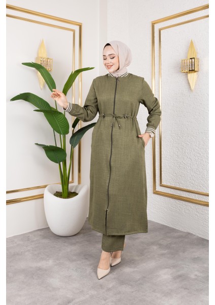 Kadın Ribanalı Fermuarlı Haki Keten Ikili Takım modelleri