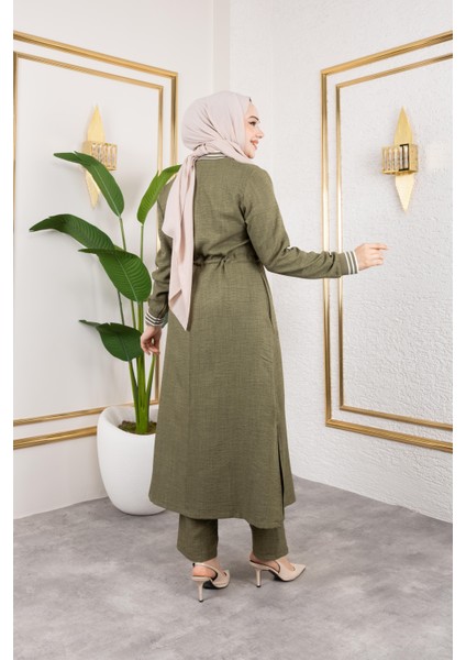 Kadın Ribanalı Fermuarlı Haki Keten Ikili Takım indirimleri
