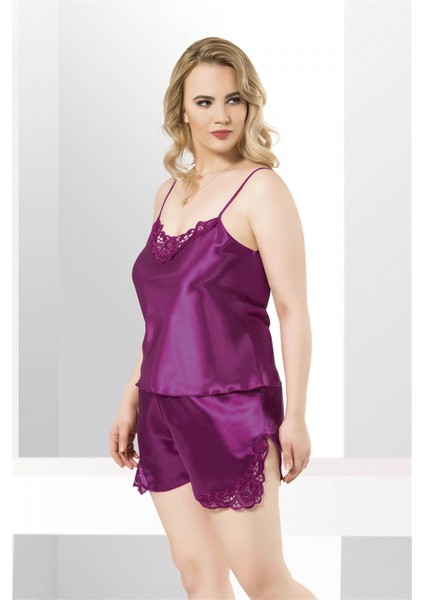 - Büyük Beden Mor Saten Babydoll Şort Takımı