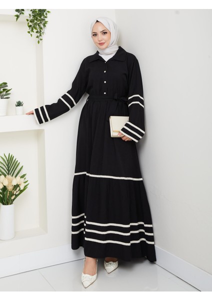 Kadın Çilek Kumaş Şerit Detaylı Kuşaklı Siyah Elbise fiyatları