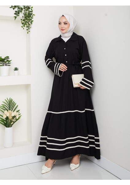 Kadın Çilek Kumaş Şerit Detaylı Kuşaklı Siyah Elbise modelleri