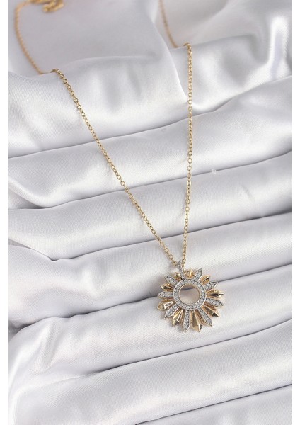 316L Çelik Gold Renk Zincir Zirkon Taşlı Mix Renk Güneş Model Kadın Kolye fiyatları