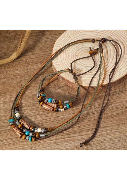 Bohem Vintage Ahşap Boncuklu Kolye ve Bileklik Seti