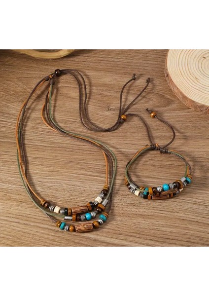 Bohem Vintage Ahşap Boncuklu Kolye ve Bileklik Seti fırsatları