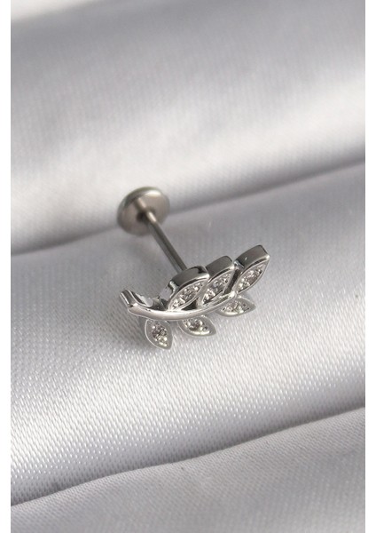 316L Çelik Gümüş Renk Dal Model Zirkon Taş Detaylı Tragus Piercing