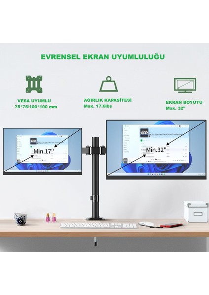 Çift Kollu Monitör Standı – Ayarlanabilir Ergonomik Vesa Monitör Kolu