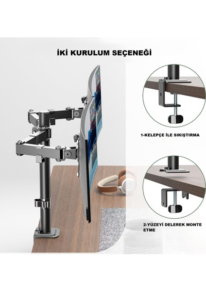 Çift Kollu Monitör Standı – Ayarlanabilir Ergonomik Vesa Monitör Kolu