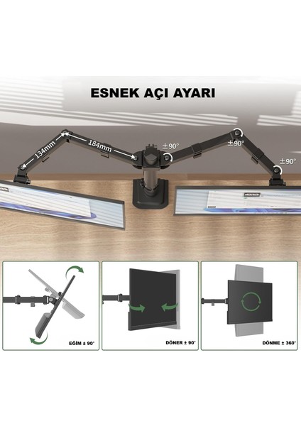 Çift Kollu Monitör Standı – Ayarlanabilir Ergonomik Vesa Monitör Kolu