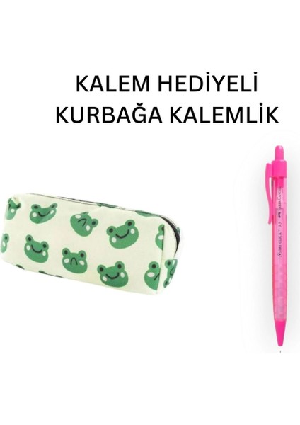 Yeşil Kurbağa Tatlı Kalemlik - Okul Kalemliği-Makyaj Çantası ve Hediye Pembe Uçlu Kalem