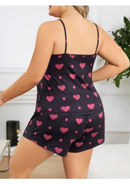 Büyük Beden Siyah Kalp Desen Ince Askılı Pamuklu Şortlu Pijama Takımı modelleri